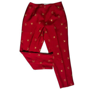 PETER MARTIN Gold Embroidered Red Silk Ankle Length Pants Flat Front Size 8 Boho